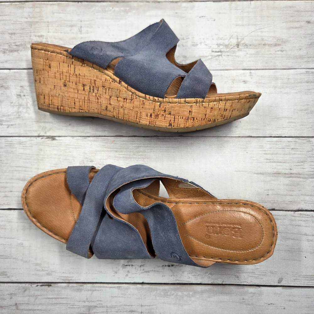 Born F41504 Wedge Sandal Slide Women 10M Blue Suede Cork Platform